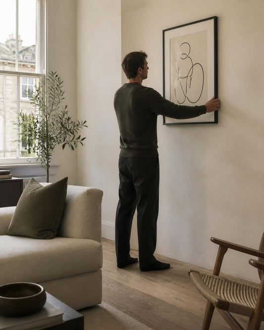 Framed line-art print being hung on a pale wall in a bright flat