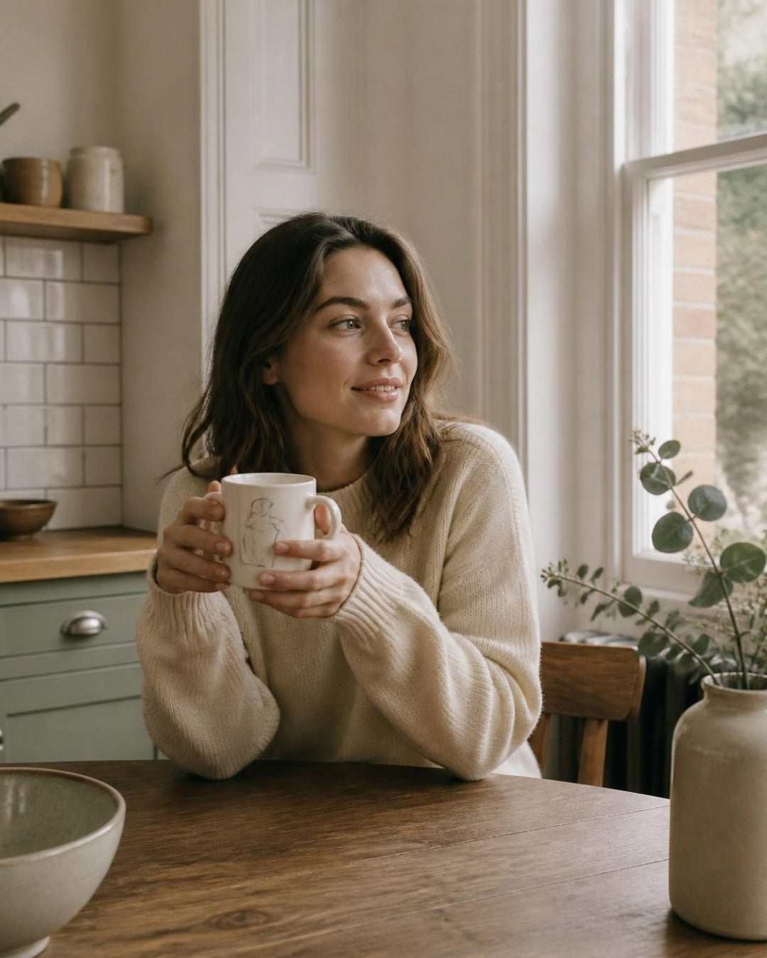 Woman holding a printed ceramic mug in a bright Victorian kitchen
