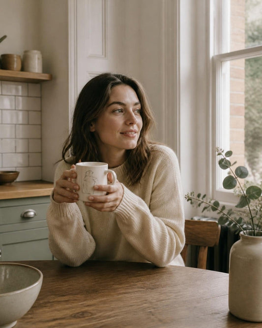 Woman holding a printed ceramic mug in a bright Victorian kitchen